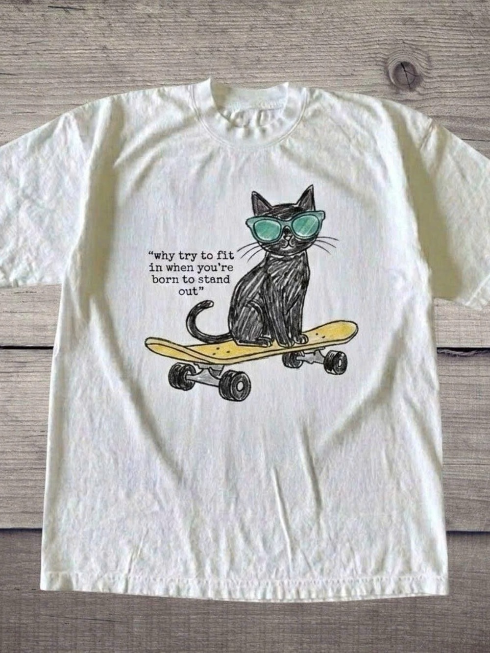 Gildan White Graphic Tee with Black Cat and Yellow Skateboard